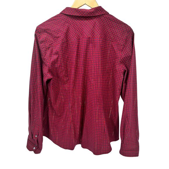 Talbots Blouse Womens 14 Red Blue Plaid Button Up Wrinkle Resistant Metallic - Picture 3 of 9